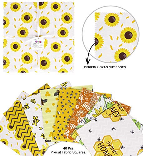 Soimoi Precut 10-inch Honey Bee Prints Cotton Fabric Bundle Quilting Squares Charm Pack DIY Patchwork Sewing Craft- White & Yellow