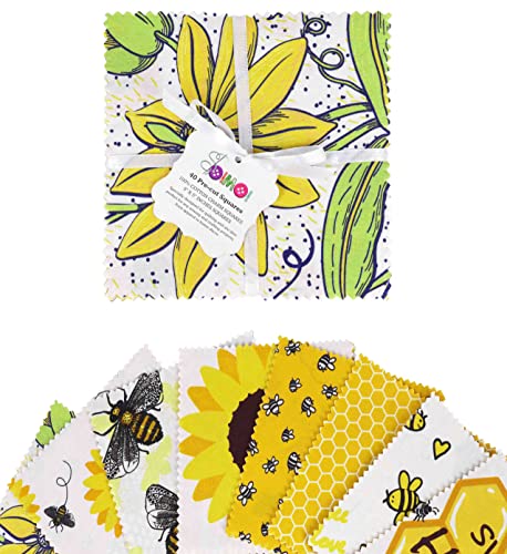 Soimoi Honey Bee Print Precut 5-inch Cotton Fabric Quilting Squares Charm Pack DIY Patchwork Sewing Craft- White & Yellow