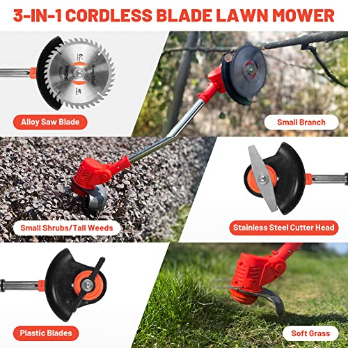 Electric Cordless Weed Wacker,24V 2Ah Battery Powered Weed Eater with 2 Batteries and 3 Types Blades,Lightweight and Powerful String Trimmer for Yard and Garden(Red)