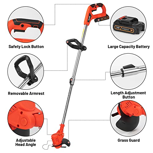 Electric Cordless Weed Wacker,24V 2Ah Battery Powered Weed Eater with 2 Batteries and 3 Types Blades,Lightweight and Powerful String Trimmer for Yard and Garden(Red)