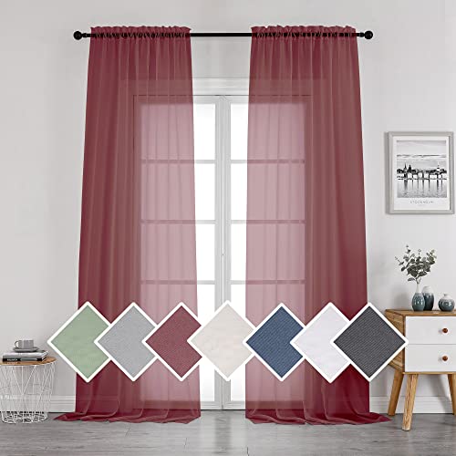 OVZME Living Room Sheer Curtains 96" Length 2 Panels Set for French Door, Christmas Gorgeous Window Decoration for Party & Backdrop & Canopy, Burgundy, Each 42Wx96L