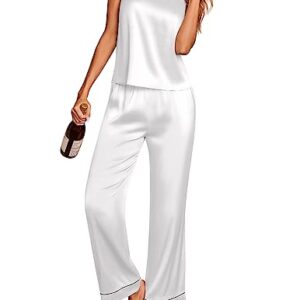 Ekouaer Satin Pajama Set Women Silk Smooth Pjs Sets Comfortable Lingerie Sleepwear Set(Pure White,L)