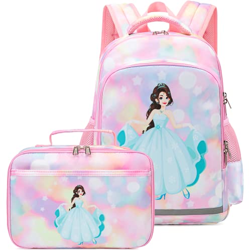 YCBB Kids Backpacks for Girls Rainbow Princess School Backpack Set with Lunch Tote Bag Lightweight Waterproof Girl School Backpack