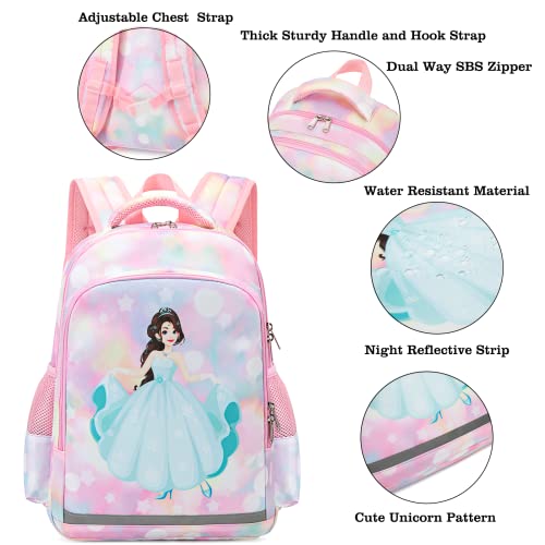 YCBB Kids Backpacks for Girls Rainbow Princess School Backpack Set with Lunch Tote Bag Lightweight Waterproof Girl School Backpack