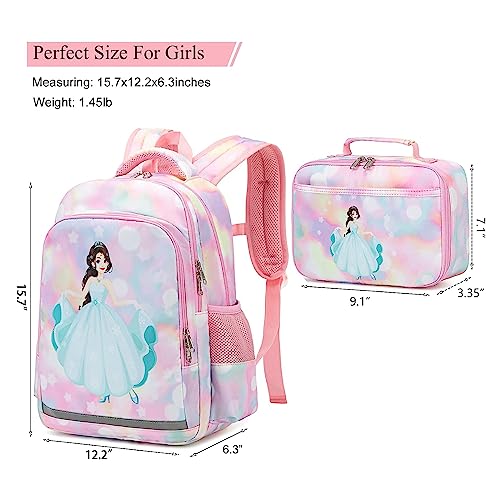 YCBB Kids Backpacks for Girls Rainbow Princess School Backpack Set with Lunch Tote Bag Lightweight Waterproof Girl School Backpack