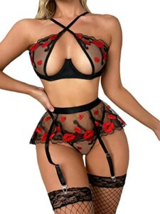 wdirara women's sexy lips print criss cross lace mesh cut out garter belt lingerie set with stocking black s