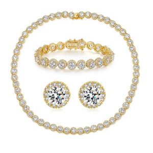 18k gold plated cubic zirconia tennis necklace/bracelet/earrings sets for women men halo jewelry pack of 3