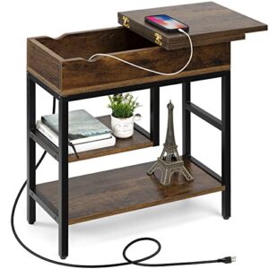 hadulcet side table with usb ports and outlets, narrow sofa end table with storage shelf for small spaces, bedside table nightstand with charging station rustic brown