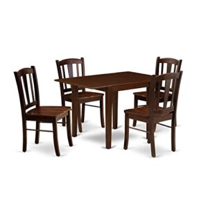 East West Furniture Norden 5 Piece Kitchen Table & Chairs Set Includes a Rectangle Dining Room Table with Dropleaf and 4 Solid Wood Seat Chairs, 30x48 Inch, Mahogany