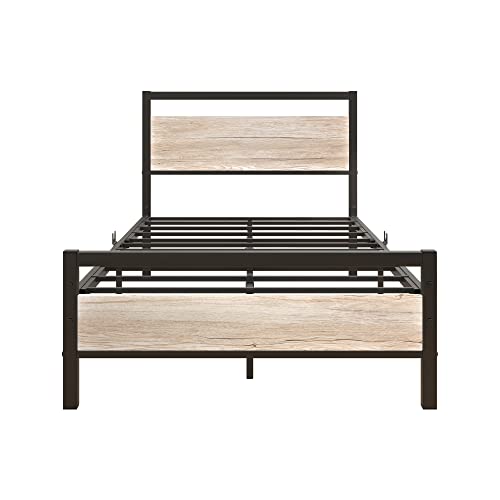 BOFENG Metal Bed Frame Twin Size with Vintage Wood Headboard and Footboard,Heavy Duty Metal Platform Bed Frames No Box Spring Needed,Mattress Foundation Firm Steel Slat Support(Natural Oak)