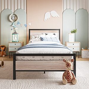 bofeng metal bed frame twin size with vintage wood headboard and footboard,heavy duty metal platform bed frames no box spring needed,mattress foundation firm steel slat support(natural oak)
