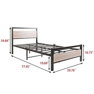 BOFENG Metal Bed Frame Twin Size with Vintage Wood Headboard and Footboard,Heavy Duty Metal Platform Bed Frames No Box Spring Needed,Mattress Foundation Firm Steel Slat Support(Natural Oak)