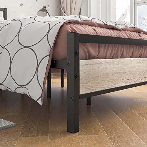 BOFENG Metal Bed Frame Twin Size with Vintage Wood Headboard and Footboard,Heavy Duty Metal Platform Bed Frames No Box Spring Needed,Mattress Foundation Firm Steel Slat Support(Natural Oak)