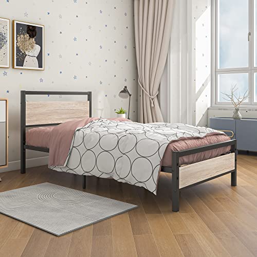 BOFENG Metal Bed Frame Twin Size with Vintage Wood Headboard and Footboard,Heavy Duty Metal Platform Bed Frames No Box Spring Needed,Mattress Foundation Firm Steel Slat Support(Natural Oak)