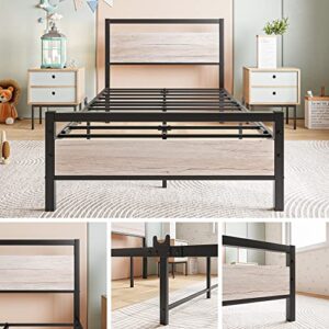 BOFENG Metal Bed Frame Twin Size with Vintage Wood Headboard and Footboard,Heavy Duty Metal Platform Bed Frames No Box Spring Needed,Mattress Foundation Firm Steel Slat Support(Natural Oak)