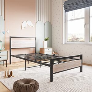 BOFENG Metal Bed Frame Twin Size with Vintage Wood Headboard and Footboard,Heavy Duty Metal Platform Bed Frames No Box Spring Needed,Mattress Foundation Firm Steel Slat Support(Natural Oak)