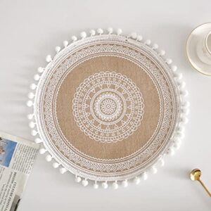 2 Pcs Boho Round Place Mats with Pompom Woven Jute Placemats Rustic Macrame Coasters for Dining Room Kitchen Table Decor Style 6