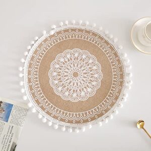 2 Pcs Boho Round Place Mats with Pompom Woven Jute Placemats Rustic Macrame Coasters for Dining Room Kitchen Table Decor Style 6