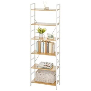 mdesign industrial metal and wood 6 tier bookshelf, tall modern etagere bookcase shelving furniture unit for books, plants, pictures, rustic storage for bedroom, living room, or office, white/oak