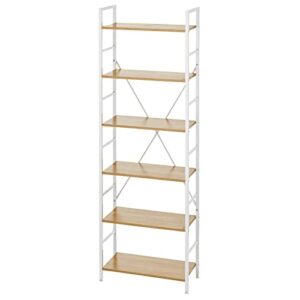 mDesign Industrial Metal and Wood 6 Tier Bookshelf, Tall Modern Etagere Bookcase Shelving Furniture Unit for Books, Plants, Pictures, Rustic Storage for Bedroom, Living Room, or Office, White/Oak