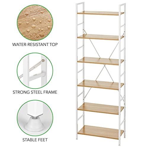 mDesign Industrial Metal and Wood 6 Tier Bookshelf, Tall Modern Etagere Bookcase Shelving Furniture Unit for Books, Plants, Pictures, Rustic Storage for Bedroom, Living Room, or Office, White/Oak
