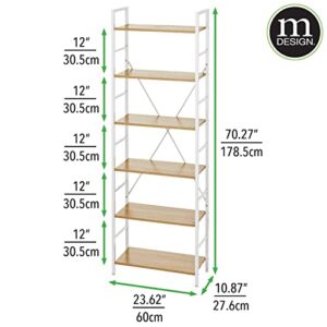 mDesign Industrial Metal and Wood 6 Tier Bookshelf, Tall Modern Etagere Bookcase Shelving Furniture Unit for Books, Plants, Pictures, Rustic Storage for Bedroom, Living Room, or Office, White/Oak