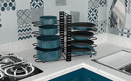 SOCONT Pot and Pan Organizer for Cabinet, Adjustable 8 Tiers Pans Pots Lid Organizer Rack Holder with 3 DIY Methods, Hanger Stacker Organizer Stand for Kitchen Counter and Cabinet