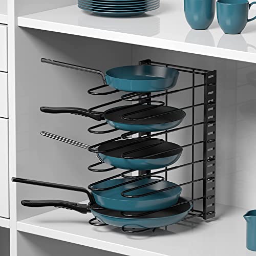 SOCONT Pot and Pan Organizer for Cabinet, Adjustable 8 Tiers Pans Pots Lid Organizer Rack Holder with 3 DIY Methods, Hanger Stacker Organizer Stand for Kitchen Counter and Cabinet