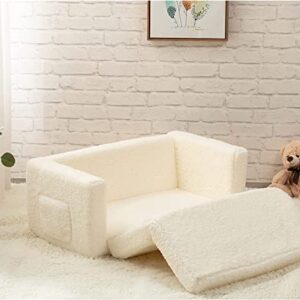 ALIMORDEN 2-in-1 Flip Out Extra Wide Cuddly Sherpa Toddler Couch, Convertible Sofa to Lounger, Cream