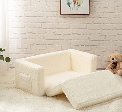 ALIMORDEN 2-in-1 Flip Out Extra Wide Cuddly Sherpa Toddler Couch, Convertible Sofa to Lounger, Cream