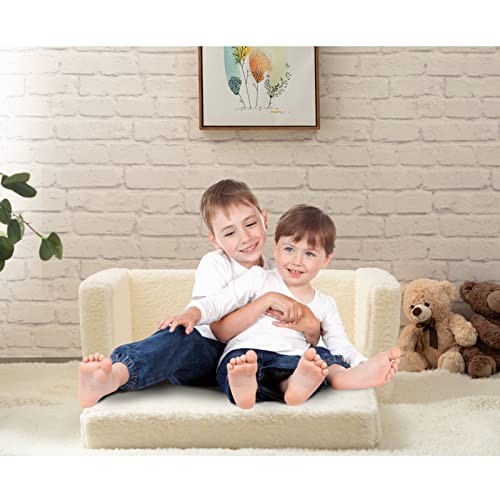 ALIMORDEN 2-in-1 Flip Out Extra Wide Cuddly Sherpa Toddler Couch, Convertible Sofa to Lounger, Cream