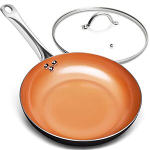 michelangelo small frying pan with lid, 8 inch frying pan nonstick, copper frying pan with ceramic coating, small nonstick frying pan, 8 inch copper skillet with lid, small fry pan, 8 inch copper pan