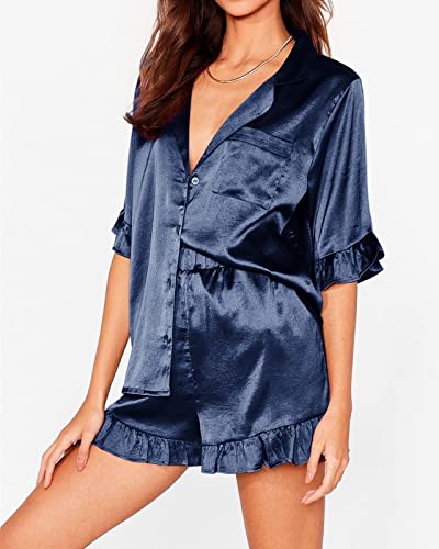 Women's Silk Satin Pajamas Set Ruffle Short Sleeve Sleepwear Button Down Two-Piece Pjs Shorts Set Loungewear Navy Blue