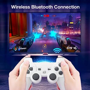 Powerextra PS-3 Controller Wireless Compatible with Play-Station 3, 2 Pack Double Shock High Performance Gaming Controller with Upgraded Joystick Double Shock for Play-Station 3 (Black + White)