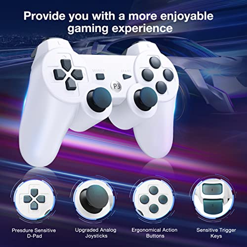 Powerextra PS-3 Controller Wireless Compatible with Play-Station 3, 2 Pack Double Shock High Performance Gaming Controller with Upgraded Joystick Double Shock for Play-Station 3 (Black + White)