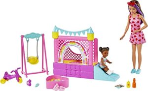 barbie skipper babysitters inc playset with skipper doll, toddler small doll, working bounce house, swing & accessories