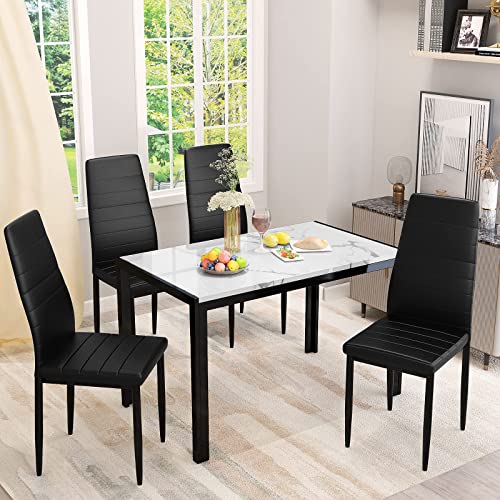 AWQM Marble Dining Table Set for 4, Rectangular Faux Marble Table and 4 PU Leather Chairs, 5 Pieces Kitchen Table Set,Ideal for Living Room, Dining Room,Breakfast Nook, White&Black