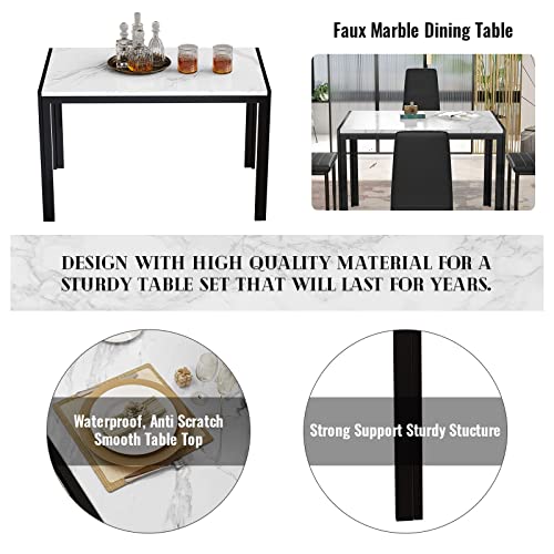 AWQM Marble Dining Table Set for 4, Rectangular Faux Marble Table and 4 PU Leather Chairs, 5 Pieces Kitchen Table Set,Ideal for Living Room, Dining Room,Breakfast Nook, White&Black