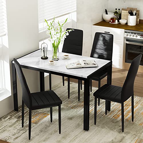 AWQM Marble Dining Table Set for 4, Rectangular Faux Marble Table and 4 PU Leather Chairs, 5 Pieces Kitchen Table Set,Ideal for Living Room, Dining Room,Breakfast Nook, White&Black