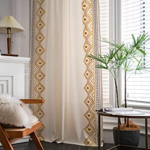 ColorBird Embroidery Diamond Semi-Blackout Window Curtains 2 Panels Boho Cotton Linen Darkening Curtains Rod Pocket Window Drapes for Living Room Bedroom (52" W x 63" L, Yellow)