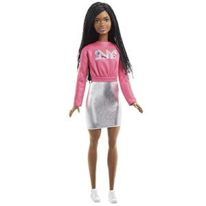 barbie it takes two doll, brooklyn fashion doll with braided hair, pink nyc shirt, metallic skirt & white shoes