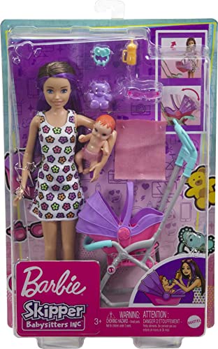 Barbie Skipper Babysitters Inc Playset with Doll, Stroller, Baby Doll & 5 Accessories, Remove Stroller Seat for Carrier