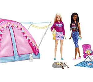 Barbie It Takes Two Dolls & 20 Accessories, Let's Go Camping Tent Playset with Brooklyn & Malibu Dolls & 2 Moving Animals