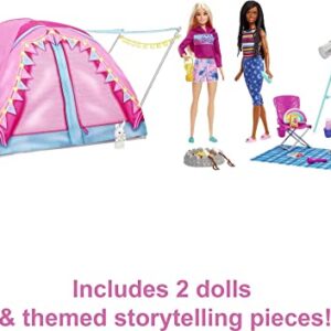 Barbie It Takes Two Dolls & 20 Accessories, Let's Go Camping Tent Playset with Brooklyn & Malibu Dolls & 2 Moving Animals