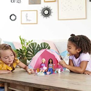 Barbie It Takes Two Dolls & 20 Accessories, Let's Go Camping Tent Playset with Brooklyn & Malibu Dolls & 2 Moving Animals