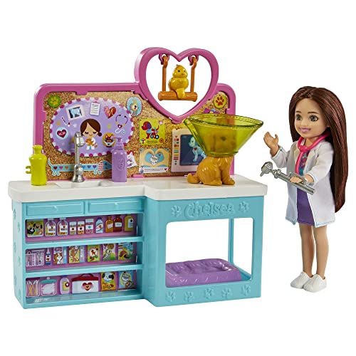 Barbie Chelsea Can Be Doll & Accessories, Pet Vet Playset with Brunette Small Doll, 4 Animals & 18 Pieces