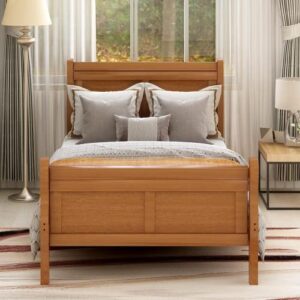 harper & bright designs wood platform bed twin bed frame mattress foundation sleigh bed with headboard/footboard/wood slat support - oak