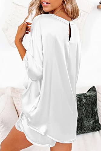 Ekouaer Silk Loungewear Set Short Sleeve Satin Sleepwear Top and Pajama Shorts Set Causal Pjs(Pure White, Medium)