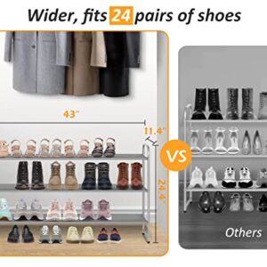 MISSLO Long 3 Tier Shoe Rack for Closet Shoe Organizer Storage Stackable Wide Shoe Shelf Holds 24 Pairs of Men Sneakers, Women Heels, Boots, Grey