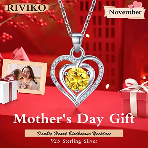 RIVIKO Heart Birthstone Pendant Necklace for Women 925 Sterling Silver Zirconia November Necklaces Christmas Valentine's Day Mothers Day Jewelry Gifts For Girls Mother Wife